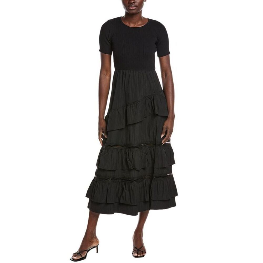 Gracia Womens  Half Knit Tiered Midi Dress, Black